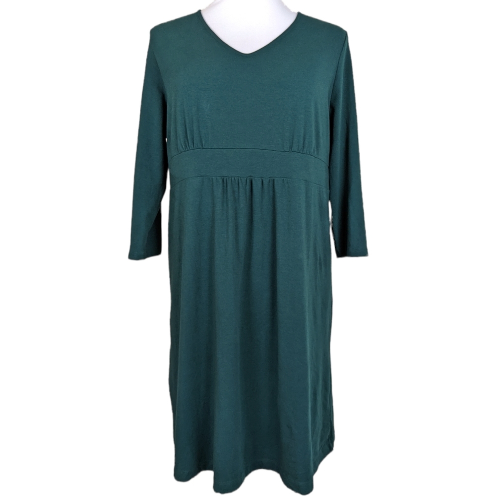 Lands' End Dark Green 3/4 Sleeve Jersey Knit V-neck Midi Dress Size XL